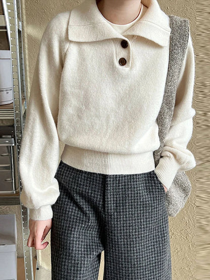 Knitted Lapel Sweaters Loose Button Long Sleeve Pullover Sweater Female Autumn Base Tops