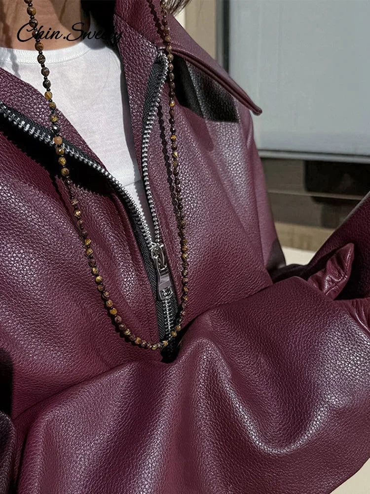 Lapel Leather Bomber Jacket Loose Zipper Long Sleeves Locomotive Coat Autumn New Lady High Street Outerwear