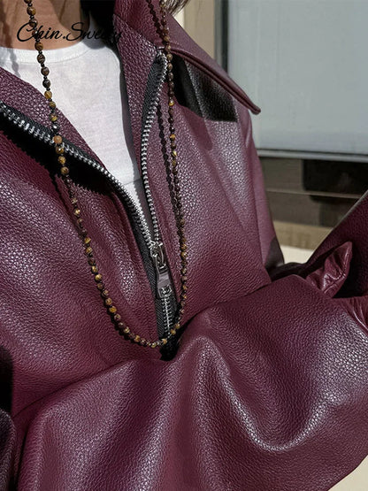 Lapel Leather Bomber Jacket Loose Zipper Long Sleeves Locomotive Coat Autumn New Lady High Street Outerwear