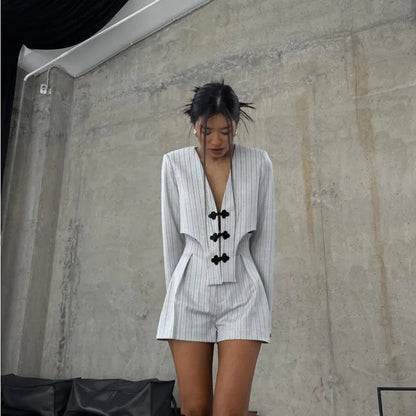 Designer Striped Set Oversized Blazer Two Pieces Set for Pullover Long Sleeve Shirt Tops and Shorts