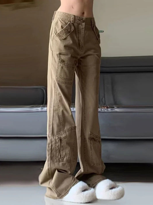 Khaki Denim Cargo Pants Y2k Hip Hop Retro Baggy Low Waist Korean Boot Cut Jeans Harajuku Causal Trouser