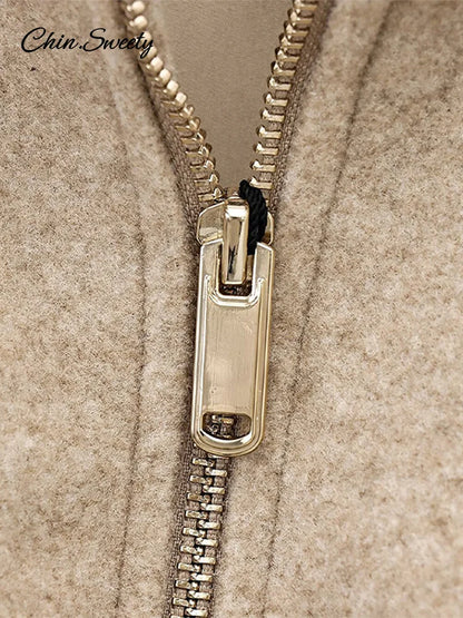 ’s Khaki Bomber Jacket Stand Collar Zipper Pocket Long Sleeve Short Coats Female Spring Thick Warm Outwear New