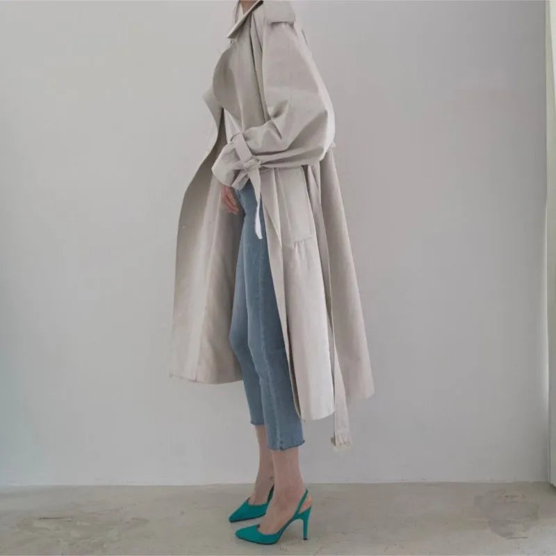Long Trench Coat New Spring Autumn Lapel Double Breasted With Belt Loose Coat Office Lady Korean Outerwear