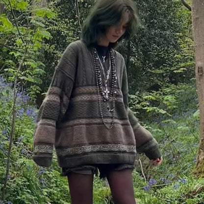 Graphic Striped Print Loose Pullovers Y2k Fairycore Grunge Knitted Sweaters Autumn Long Sleeve Aesthetic Retro Knitwear
