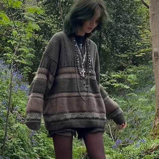 Graphic Striped Print Loose Pullovers Y2k Fairycore Grunge Knitted Sweaters Autumn Long Sleeve Aesthetic Retro Knitwear