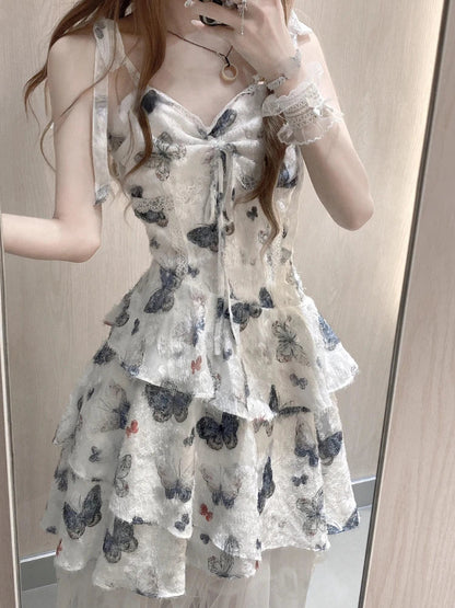 2000s Y2k Irregular Midi Dress Female Short Party Japanese Print Sleeveless Dress One Piece Dress Korean Summer