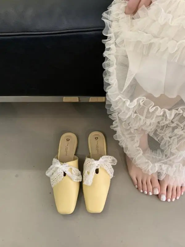Slippers Flat Shoes Female Lace Beige Heeled Sandals Slides Cover Toe Slipers Mules Butterflyknot Blac