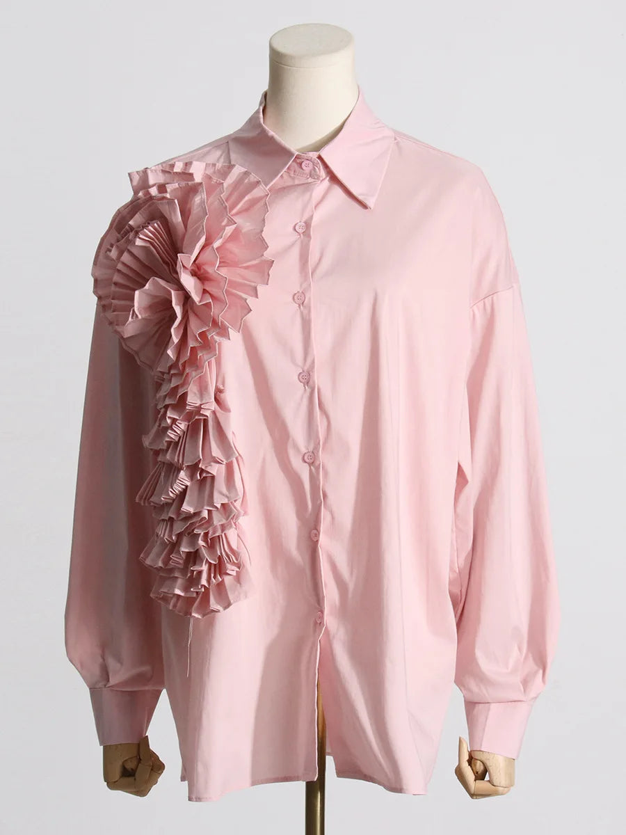 Shirt Lapel Long Sleeves Single Breasted Threedimensional Flower Color Blouse Autumn New 3wq505