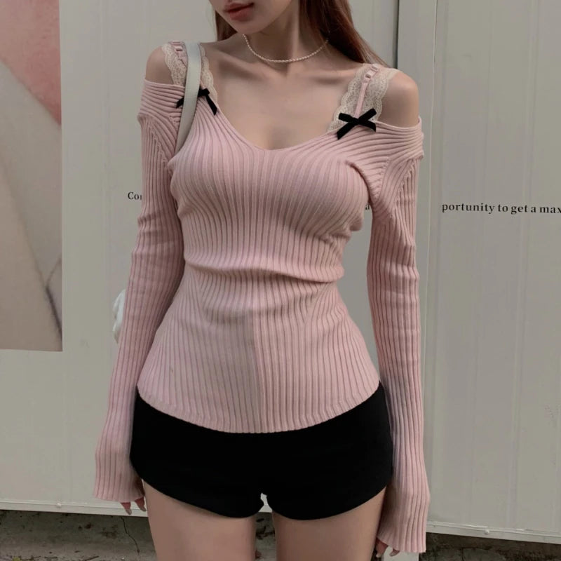 Twopiece Strapless Bow Longsleeved Sweater Spring New Korean Contrast Color Lace Splicing Knitted Tops