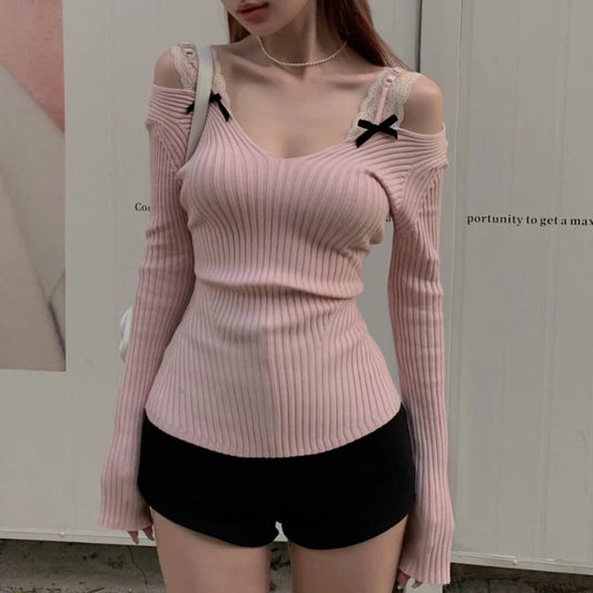 Twopiece Strapless Bow Longsleeved Sweater Spring New Korean Contrast Color Lace Splicing Knitted Tops