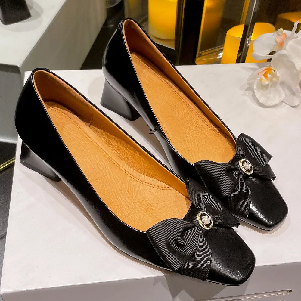 Genuine Leather Square Toe Slipon Pumps Korean Style Sweet Bowtie 4.5cm Thick Med Heel Shoes