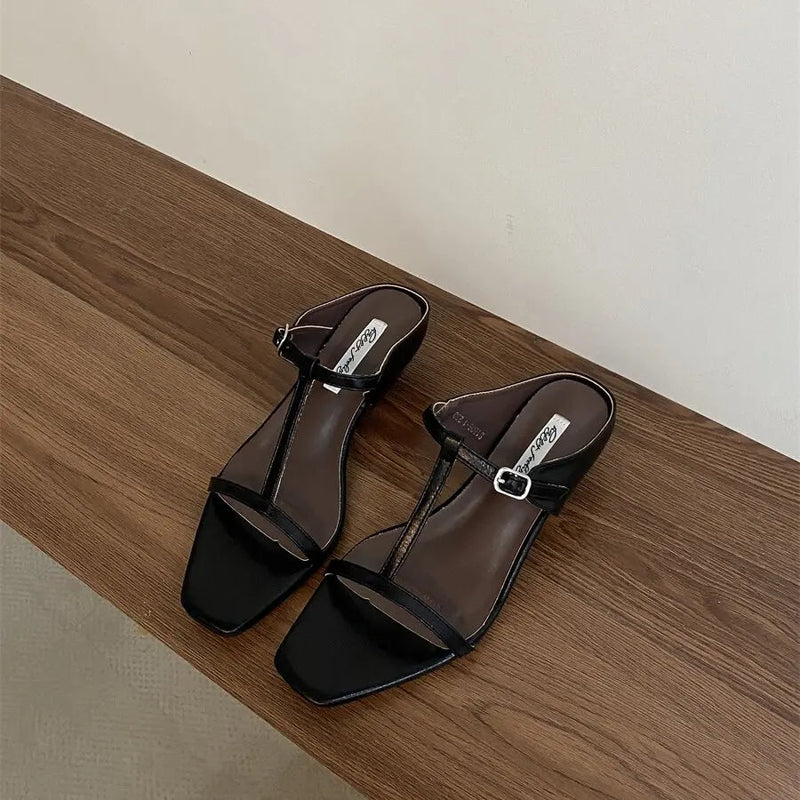 Summer Slipper Square Heels Sandals Square Toe Party Wedding Shoes Slip on Beach Slides Mujer
