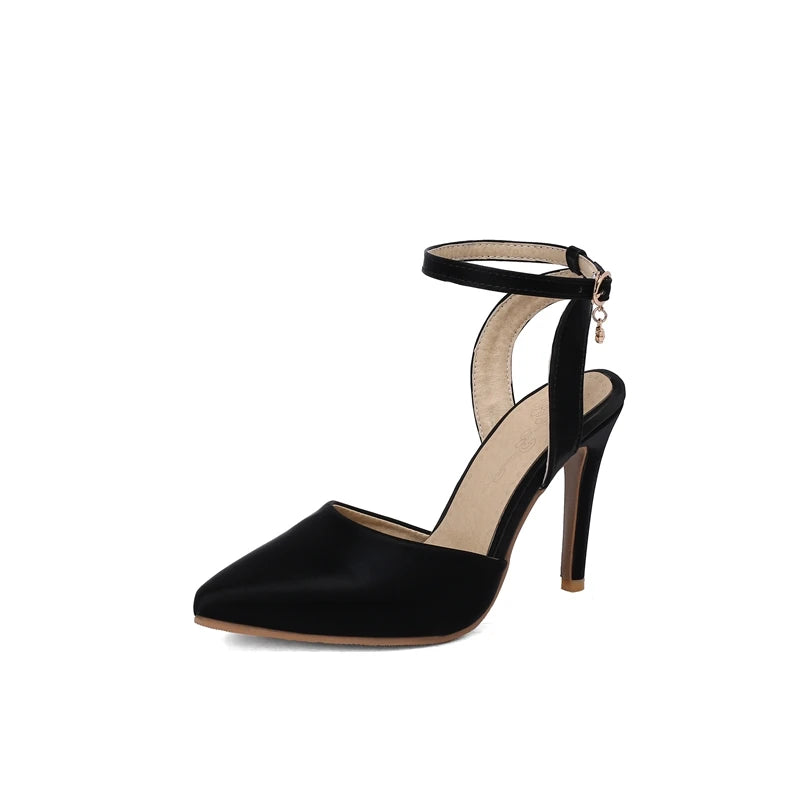 Summer Pu Leather Ankle Strap Buckle Stiletto Pumps Slingback Pointed Toe High Heels Sandals Shoes Large Size 3350