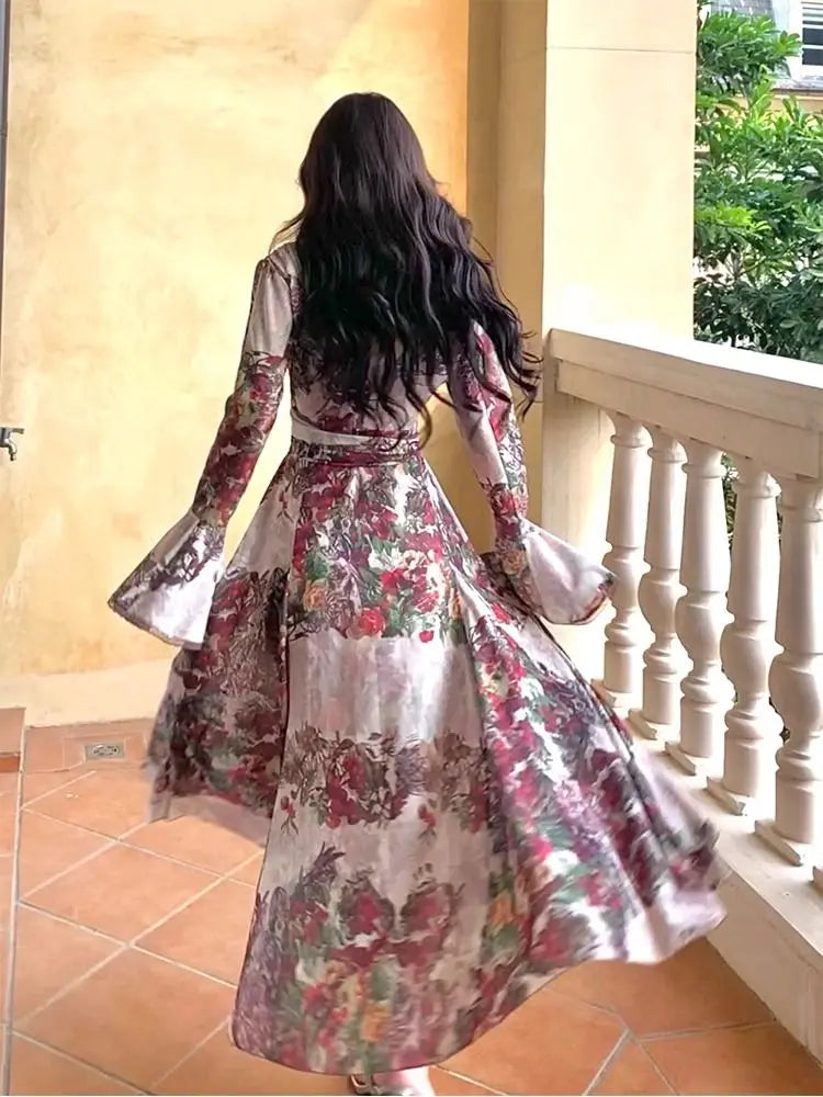 French Flower Print Midi Dress Female Retro Slim Design Long Sleeve Clothing Evening Party Dress Y2k Korean Summer