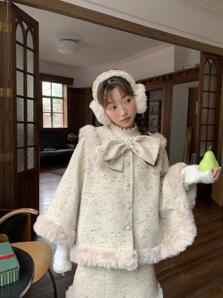 High End Sweet Temperament Loose Bow Cloak Coat New Winter Clothes Short Skirt Set Plush Splicing Two Piece Sets Outfits