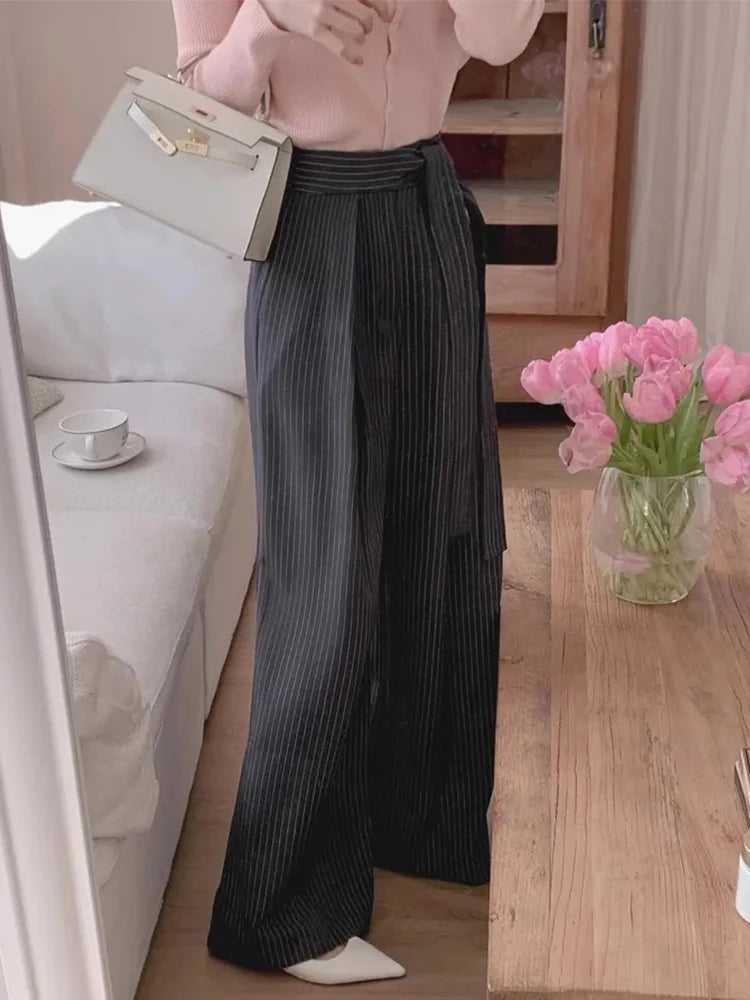Korean Retro Strap Contrasting Striped Trousers Spring New French Style Highend Versatile Long Pants