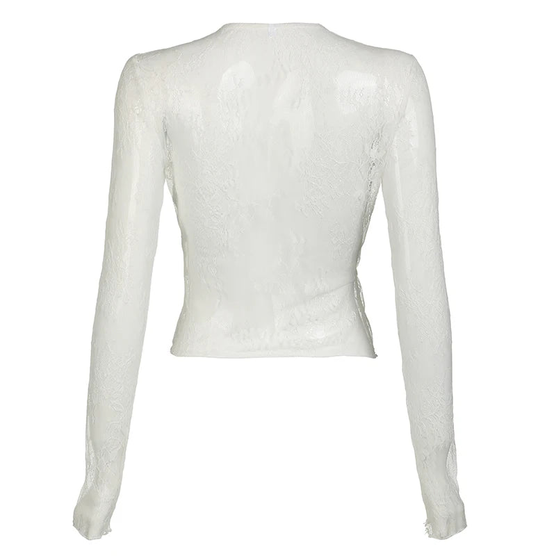 Transparent Lace Thin Coat Long Sleeve Lace-up O Neck Smock Top High Street Cardigan Shirts