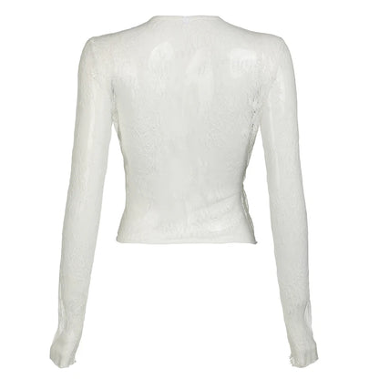 Transparent Lace Thin Coat Long Sleeve Lace-up O Neck Smock Top High Street Cardigan Shirts