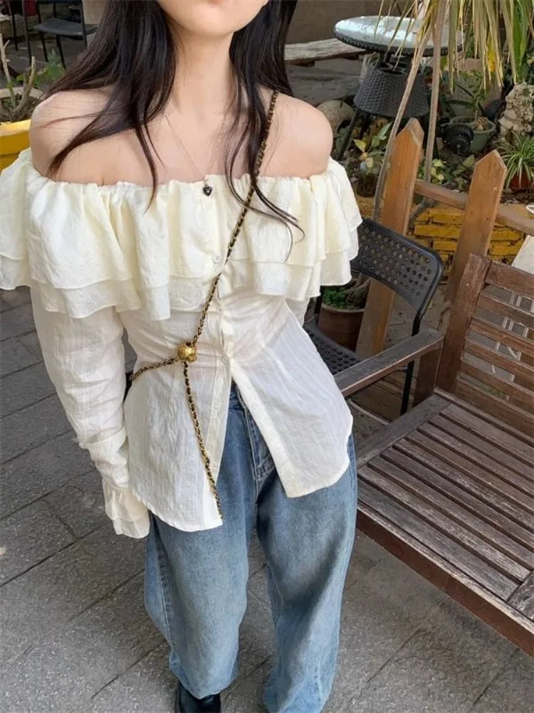 Slash Neck Ruffles Shirts Y2k Egirl Slim Waist Single Breasted Blouses Summer New Long Sleeve Blusas Mujer