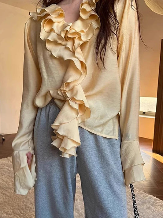 Vneck Ruffled Flared Sleeve Shirt Spring Retro and Stylish Loose Niche Versatile Blouse Top
