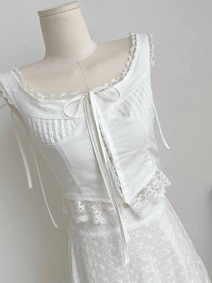 2 Pieces Sets Outfit Lace Patchwork Tie Up Bow Design Slim Crop Suspender Vest+aline High Waist Pleated Skirts