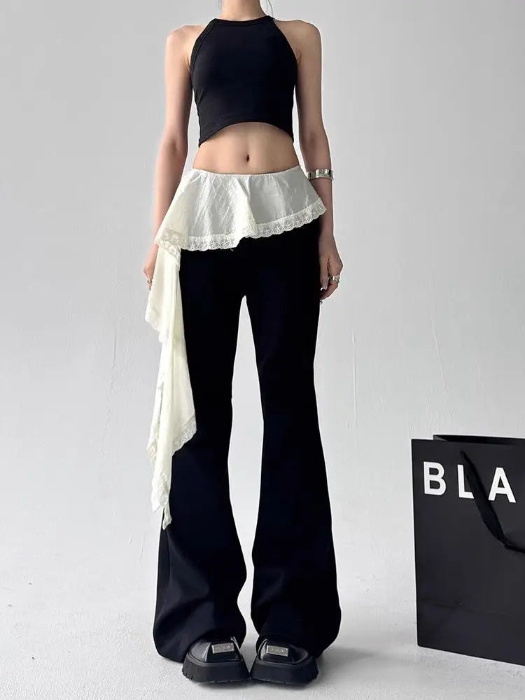 Lace Patchwork Lace Up Pants for 2205 New Slim Fit Fake Two Piece Flare Pants Y2k High Waist Black Straight Trousers
