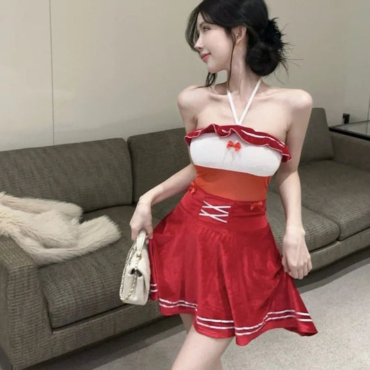 Mini Dresses Bow Bandage Slim Ruffles Sleeveless Halter Backless Clubwear Sweet Party