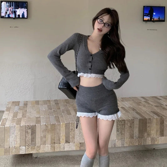 Sweet Hot Girl Suit Summer Longsleeved Vneck Cardigan Highwaisted Shorts Twopiece Set Female Clothes