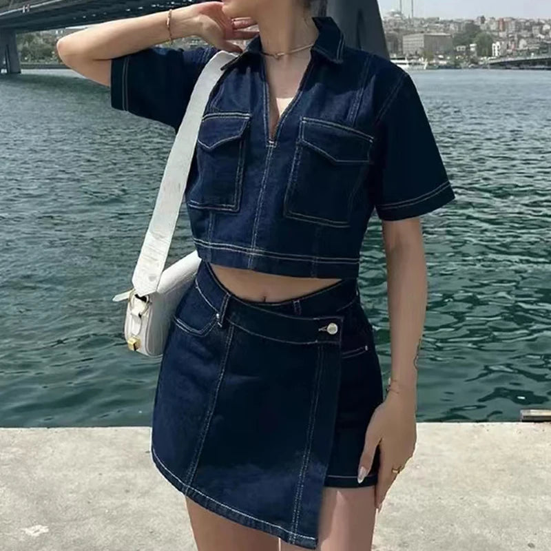 Crop Denim V-neck Short Sleeve Blouse
