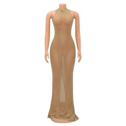 Gold Rhinestone Mesh Prom Maxi Dress Long See Through Outfits Party Diamond Night Club Bodycon Dresses