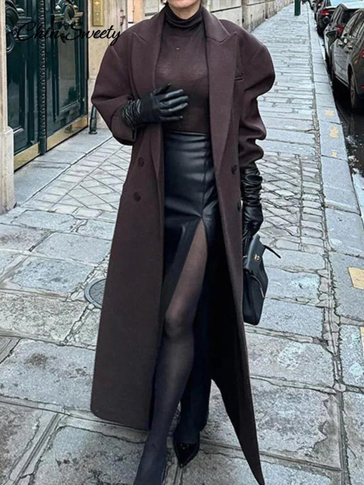 Lapel Pocket Woolen Long Trench Coat Full Sleeve Loose Overcoat Autumn Winter Lady Commute Outwear