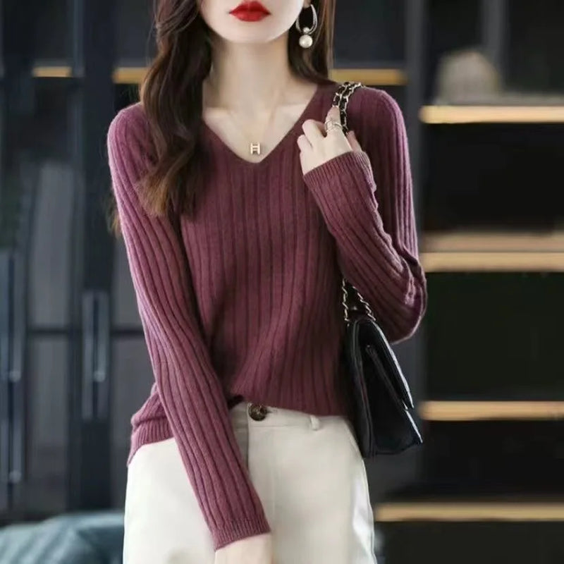 Sweater Long Sleeve Top Knitted Pullover V-neck Sweater Woman Winter Basic Female Clothing Soild Ol Sweater Df4933