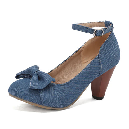 48 Brand New Round Toe Chunky Heel Pumps Bow Buckle Summer Party Shoes