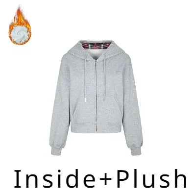 Tavimart - Plaid Patchwork Hoodies Gray 90s Retro Sweatshirt With Zipper Oversized Autumn Winter Clothes