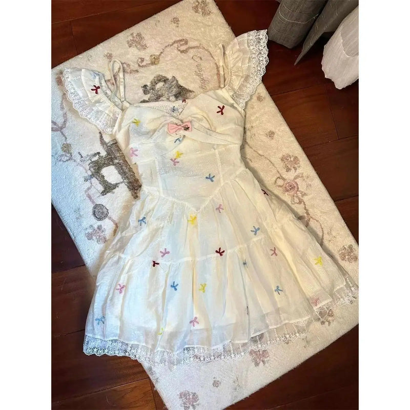 Kawaii Lace Short Party Dress Japanese Print Mini Dress Y2k Clothing Outwear Beach Summer Korean