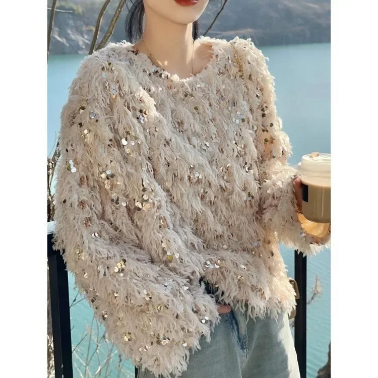 Korean Sequin Tassel Sweaters Mujer Autumn New Oneck Plush Knitted Pullover Y2k Egirl Long Sleeve Tops