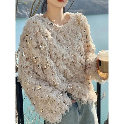 Korean Sequin Tassel Sweaters Mujer Autumn New Oneck Plush Knitted Pullover Y2k Egirl Long Sleeve Tops
