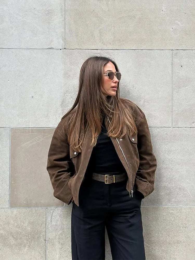 Zipper Suede Cargo Jacket Coat Button Lapel Maillard Slimming Workwear Leather Jackets Short Outwear Commute Overcoat