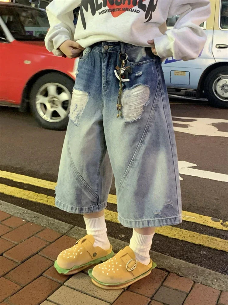 Gradient Broken Hole Wide Leg Blue Denim Shorts Style Capris Summer Female High Waist Loose Knee Length Jeans