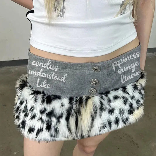 Leopard Pattern Fur Splicing Button Low Waist Short Skirt for American Spicy Girl Letter Printed Slim Mini Y2k Skirt