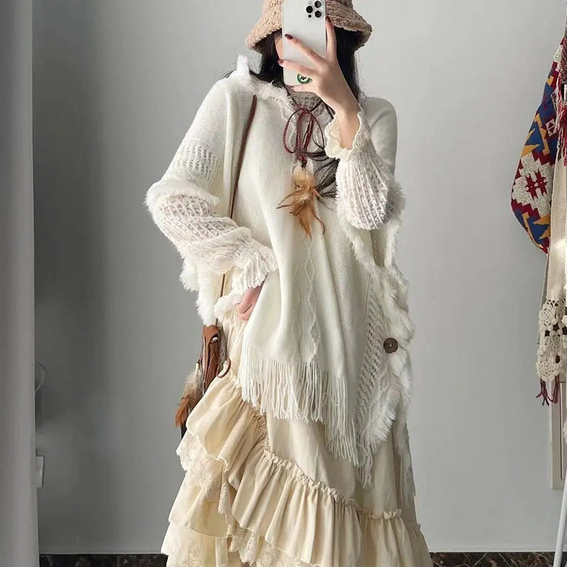 Autumn and Winter Forest Style Lace Splicing Thick Velvet Long Skirts for High Waist Aline Cake Skirt
