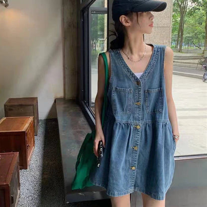 Biyaby Sleeveless Strap Dress Summer Singlebreasted Pockets Denim Dresses Woman Korean Style Loose a Line Mini Dress