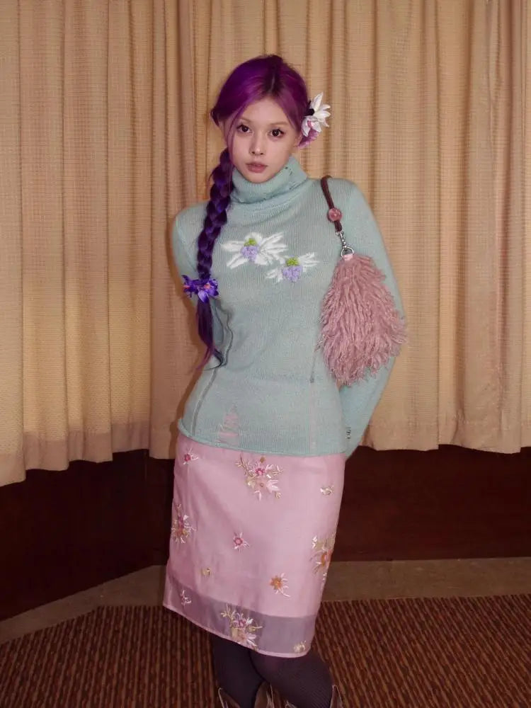 Flowers Print Sweater Clothes Long Sleeve Korean Autumn Tops Turtleneck Knitwear Pullovers Outerwears Y2k