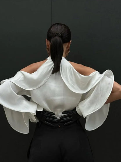 White Ruffle Halter Shirts Loose Hollow Out Single Breasted Blouses Female Autumn High Street Tops