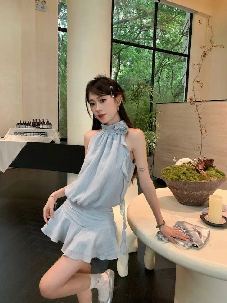 Dresses Sleeveless Striped Halter Flowers Ribbon Sweet Mini Dress Party Female