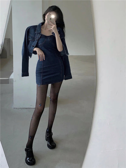 V High Street Denim Suit Spring New Short Coat Jacket Suspenders Tube Top Dress Korean Twopiece Set
