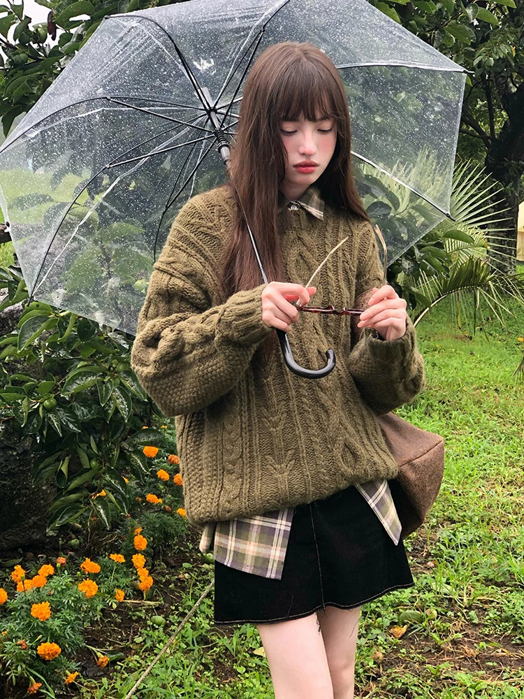 Green Knitwear Pullovers Long Sleeve Oversized Sweater Fairy Grunge Autumn Winter Thick Warm Clothes