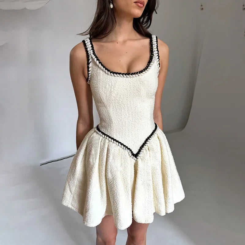 Slim Suspender Dress ’s Contrast Color Splice Sleeveless A-line Mini Dresses Female Party Club Clothes