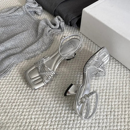 Summer Woven Square Toe Sandals Strange Heel Buckle Strap Shoes