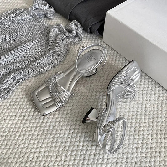 Summer Woven Square Toe Sandals Strange Heel Buckle Strap Shoes